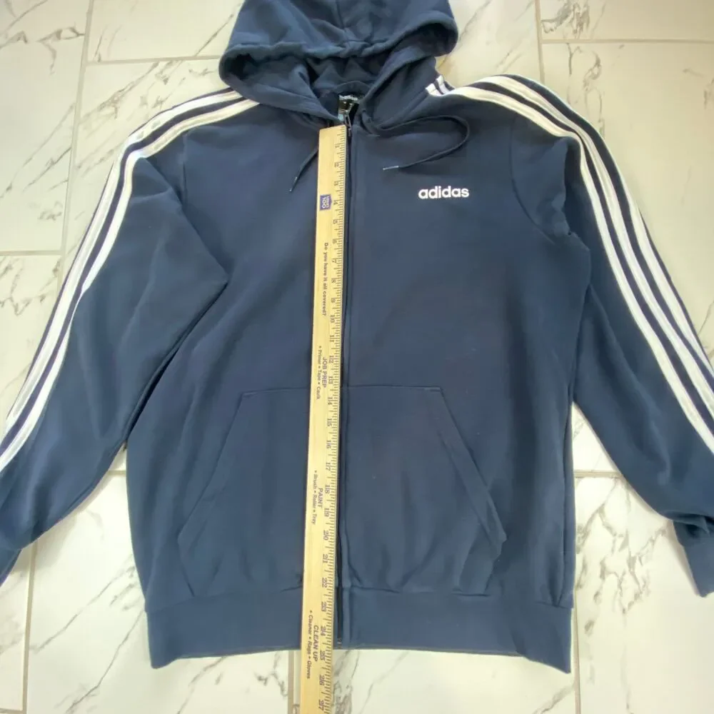 Adidas Men's L Navy Blue Full Zip Hooded Sweatshirt 3 Stripe Sleeves Hoodie Logo